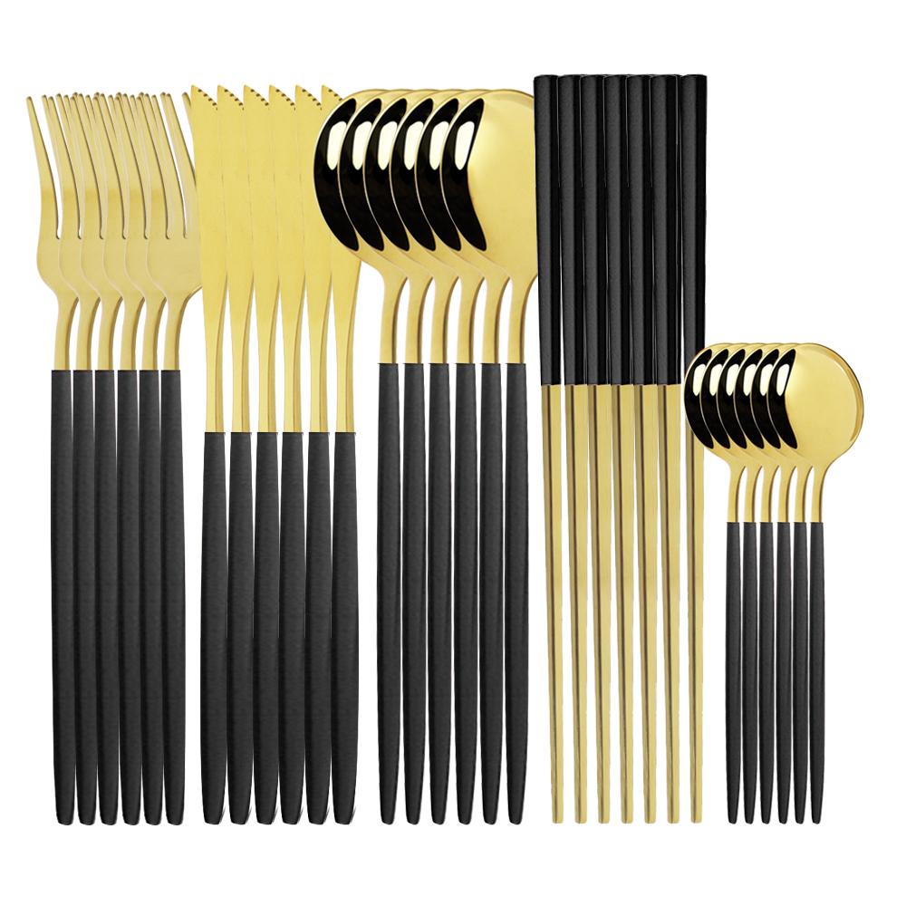 Set di posate occidentali Set di stoviglie Stoviglie in acciaio inossidabile Cucchiaio nero Forchetta Coltello Bacchette Set da cena Posate complete per la casa