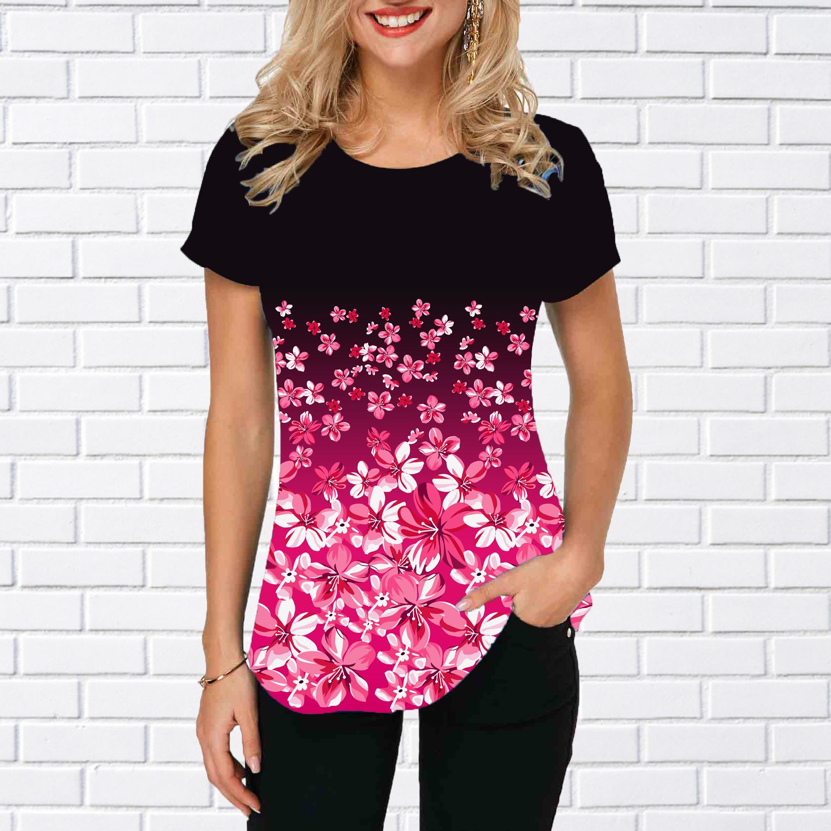 

Женская летняя футболка тренд цветочный принт ретро мода футболки с коротким рукавом повседневные принтованные топы 8XL розовый