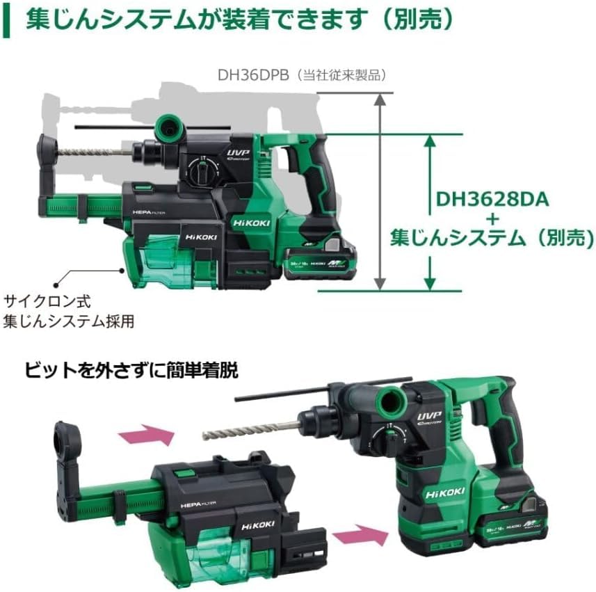 HiKOKI 36V Rechargeable Rotary Hammer Drill SDS Plus Shank Maximum Drilling Capacity 28mm Concrete Dust Collection System Can Be Installed 2 Storage 3