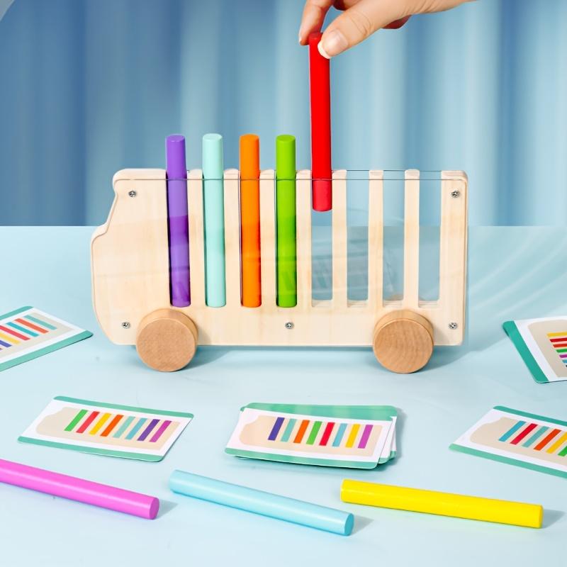 Educational Wooden Toy,Color Sorting Activity Bus Explore Colors and Logical Sorting,Each Color Brick corresponds to a color slot,
