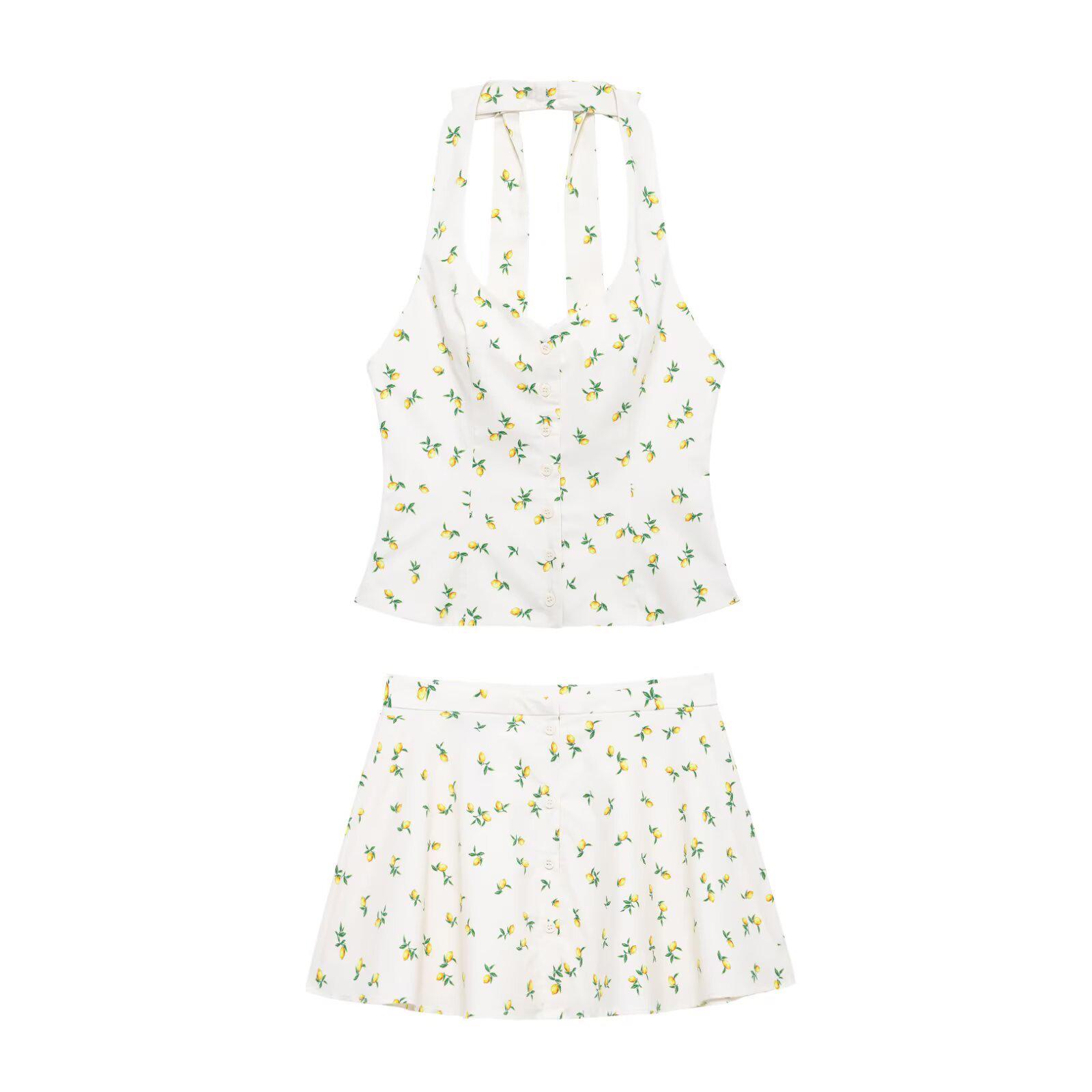 

Summer 2025 Lemon Print Halter Cami & Mini Skirt Set for Women - Euro & American Style M