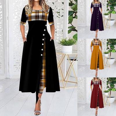 Vestido longo feminino com decote redondo e contraste de cores
