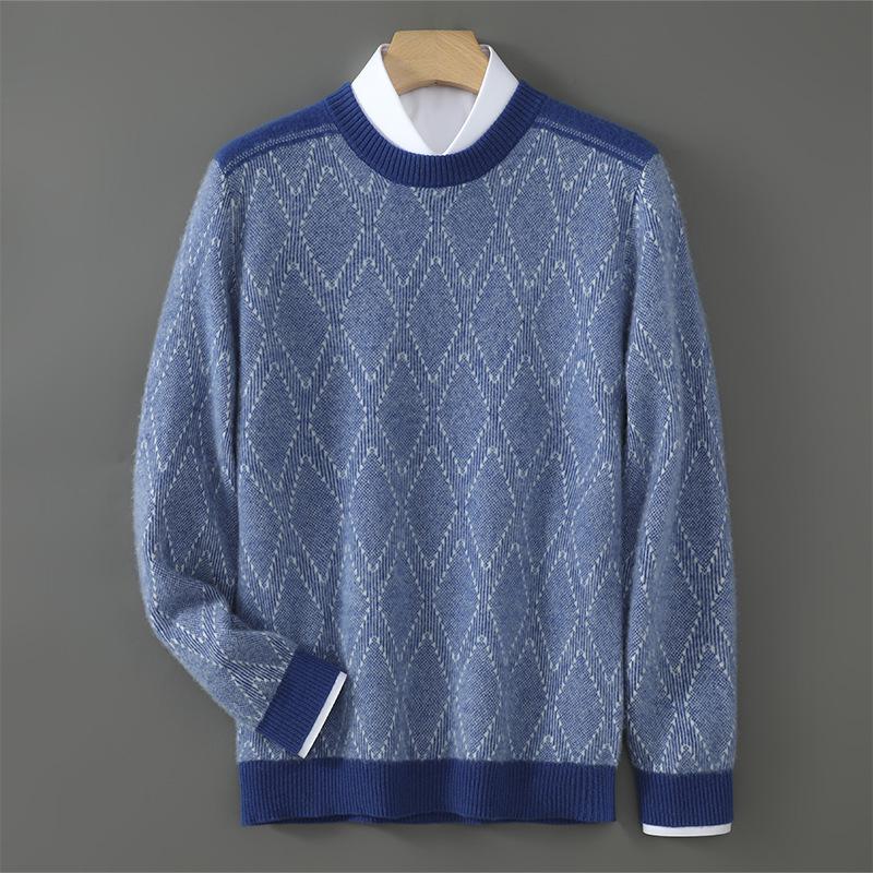Men's Pure Wool Diamond Pattern Round Neck Loose Knit Sweater - Autumn/Winter Pullover
