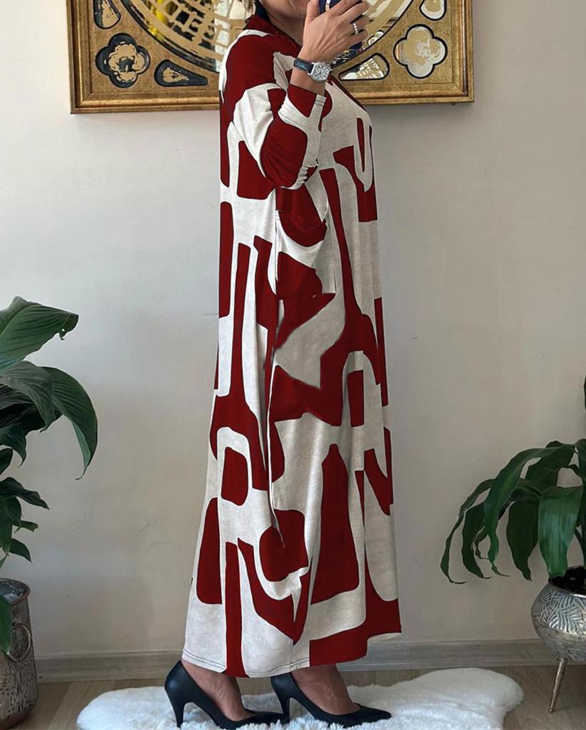 Women's 2025 Autumn/Winter Plus Size Loose Round Neck Long Sleeve Print Dress