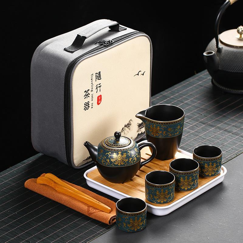 Pile flower gilt whole set Kung Fu tea set Portable travel tea set Business enterprise Company event gift set