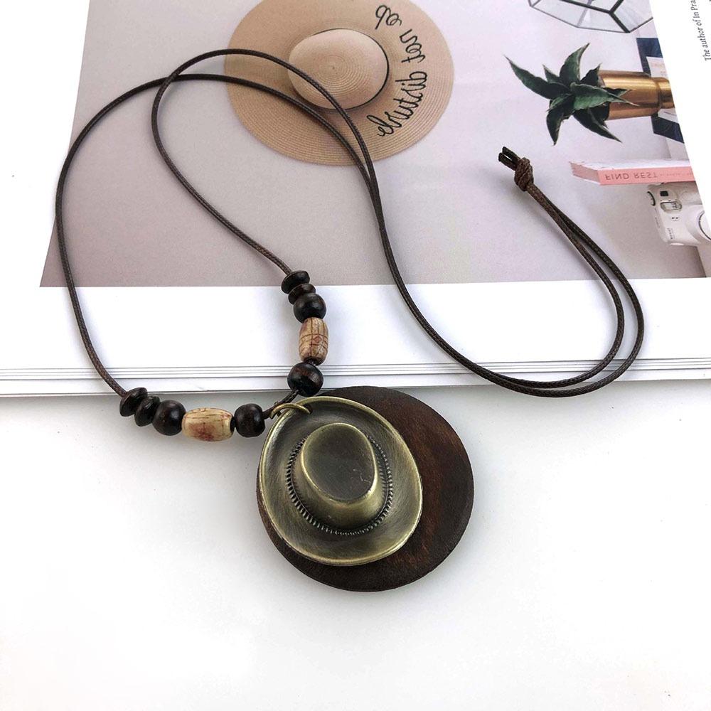 Leather Chain Wooden Pendant Necklace Boho Sweater Necklace Vintage Sweater Chain  Gifts