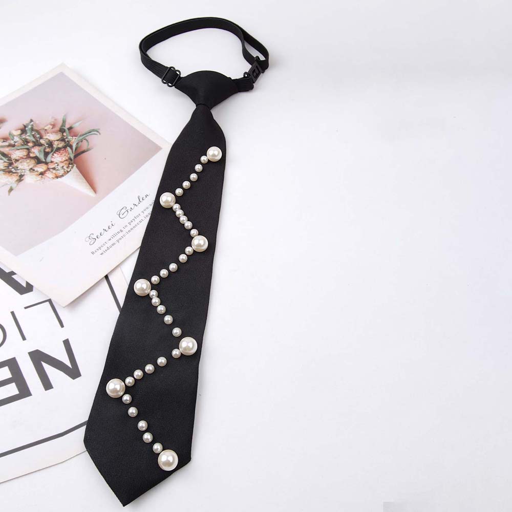 Korean Style Pearls Tie Black Decoration Shirt Tie Elegant Hand-beaded Long Necktie Students
