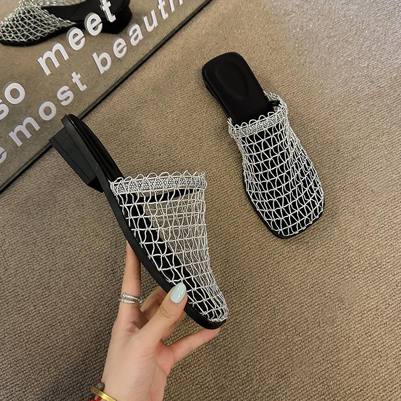 French low-heeled fishing net shoes mesh hollow bag head half slippers women's summer wear 2025 new hole cool slippers