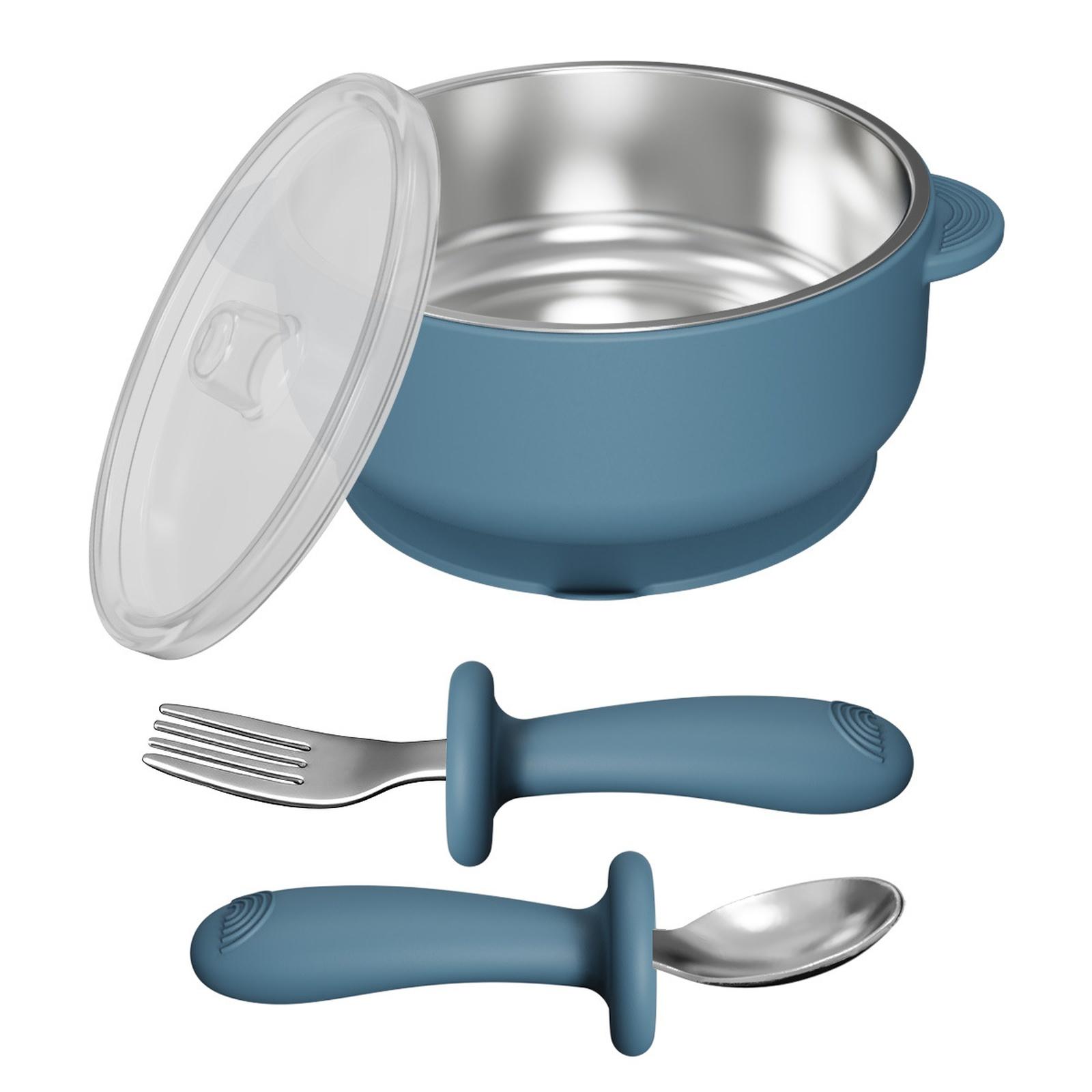 Baby Silicone Feeding Bowl with Suction Cup, Stainless Steel Bowl, -Fall Kids Tableware Set with Spoon Fork one size синий