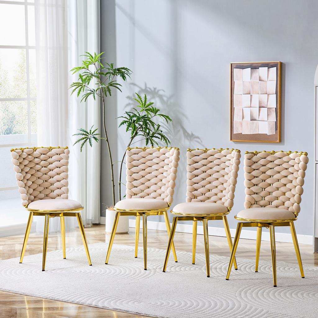 Set of 2 Decorative Dining Chairs Made of Velvet Fabric, with Gold-Colored Metal Legs, Upholstered Seats and Backrests Made of Braided Rope