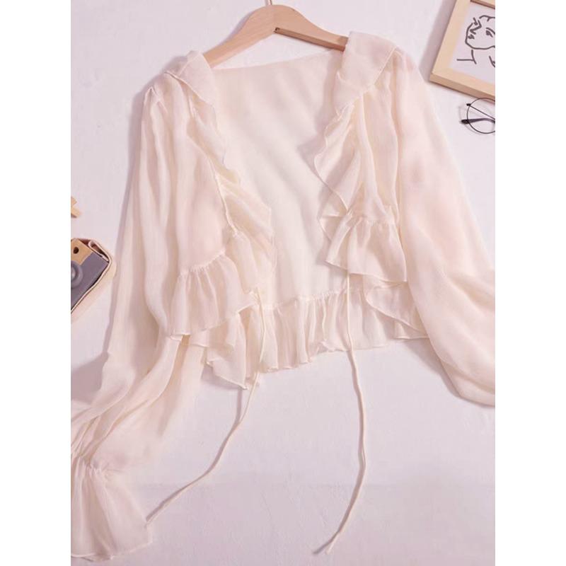 Summer new little fairy ruffle edge knitted cardigan strapped horn sleeves translucent sunscreen clothes long sleeves women