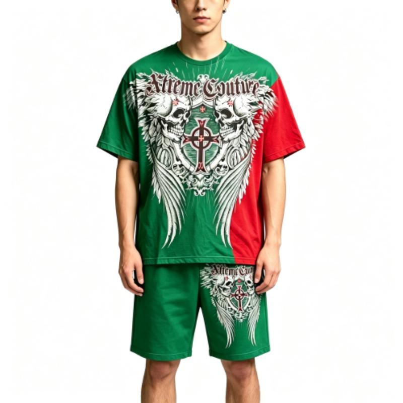Summer Fashion Casual Retro Skull Angel Wing Printed Round Neck Short Sleeved T-Shirt And Shorts Set Men's and Women's T-shirt Shorts Set