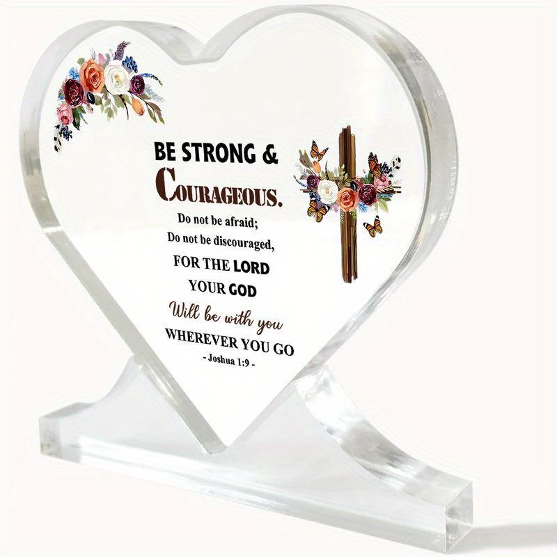 Inspirational Christian Scripture Cross Decor - Acrylic Heart-Shaped Desk Ornament with Joshua 1:9 Verse, Floral Design, Perfect for Home, Office, o
