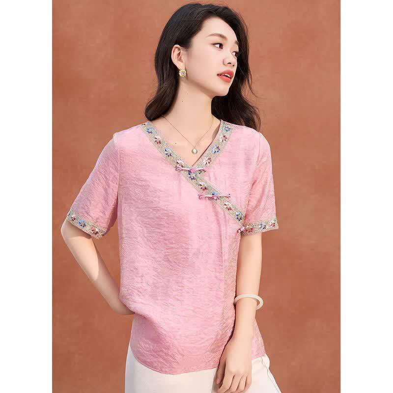 Meilanni Women s Chinese Style Embroidered Slanted Collar Blouse L