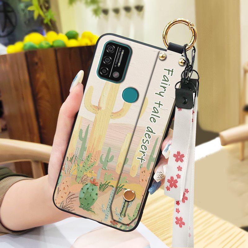 Silicone Waterproof Phone Case For UMIDIGI A9 Protective Oil Painting Flower Wrist Strap Kickstand Dirt-resistant Ring
