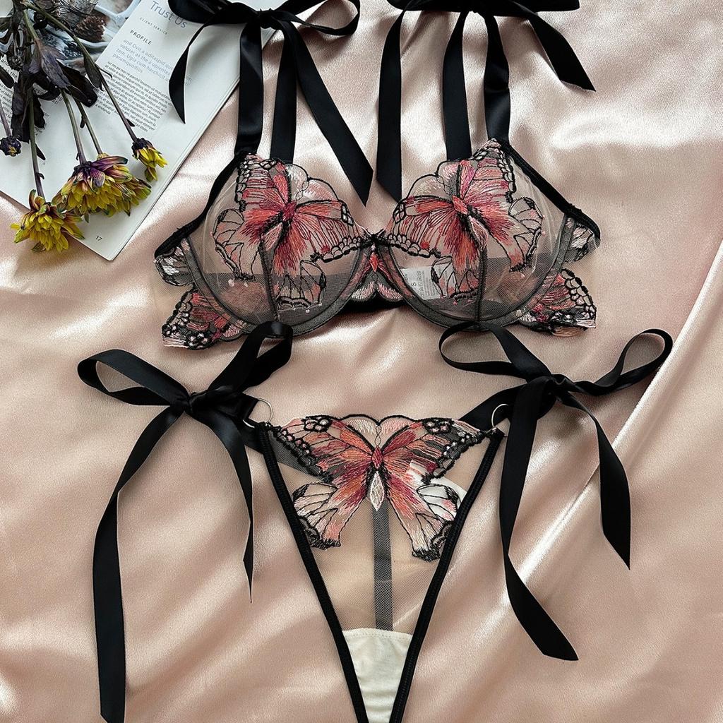 Lady 2 Pieces Lingerie Bowknot See Through Sexy Butterfly Bra Panty Girl Intimate Underwear Set
