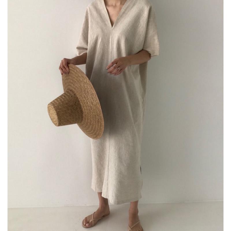 Minimalistické Retro Dlouhé Volné Ležérní Šaty s Dlouhým Krátkým Rukávem