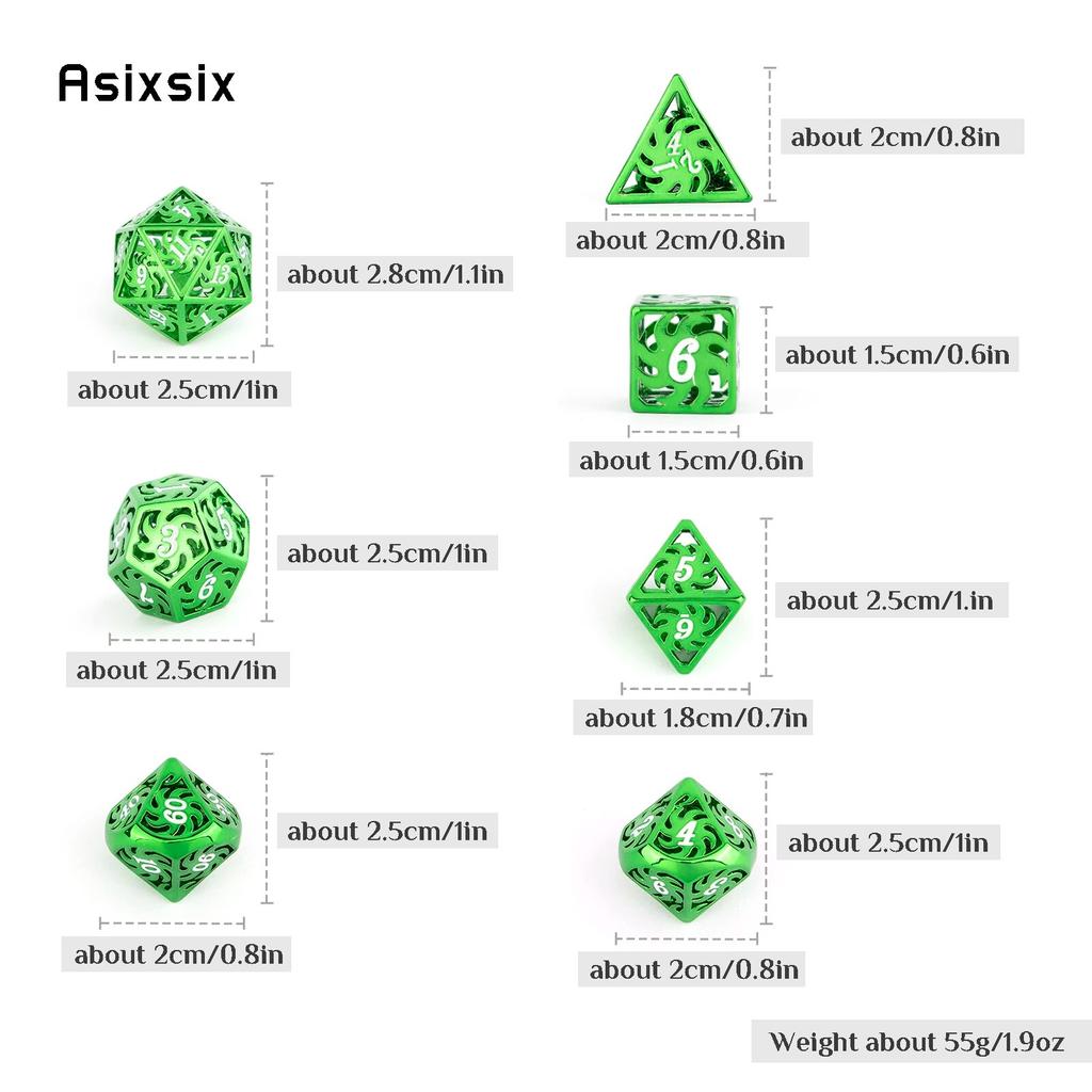 7 Pcs Green White Rotary Windmill Metal Dice Hollow Metal Polyhedral Dice Suitable for Role-Playing RPG Board Game Card Game