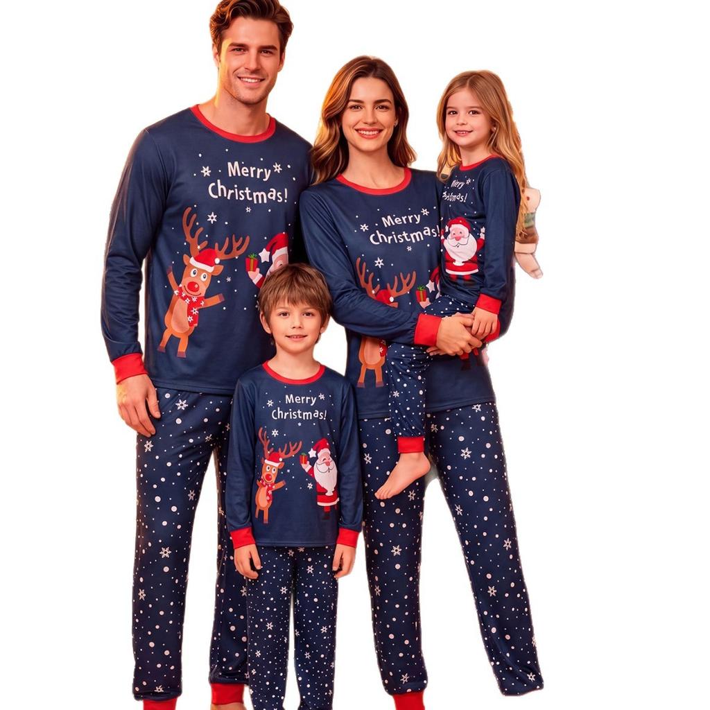 Family Matching Christmas Pajamas Set Round Neck Color Block Long Sleeve Top Pants Santa Reindeer Print Parent-child Home Sleepwear for Adults Kids