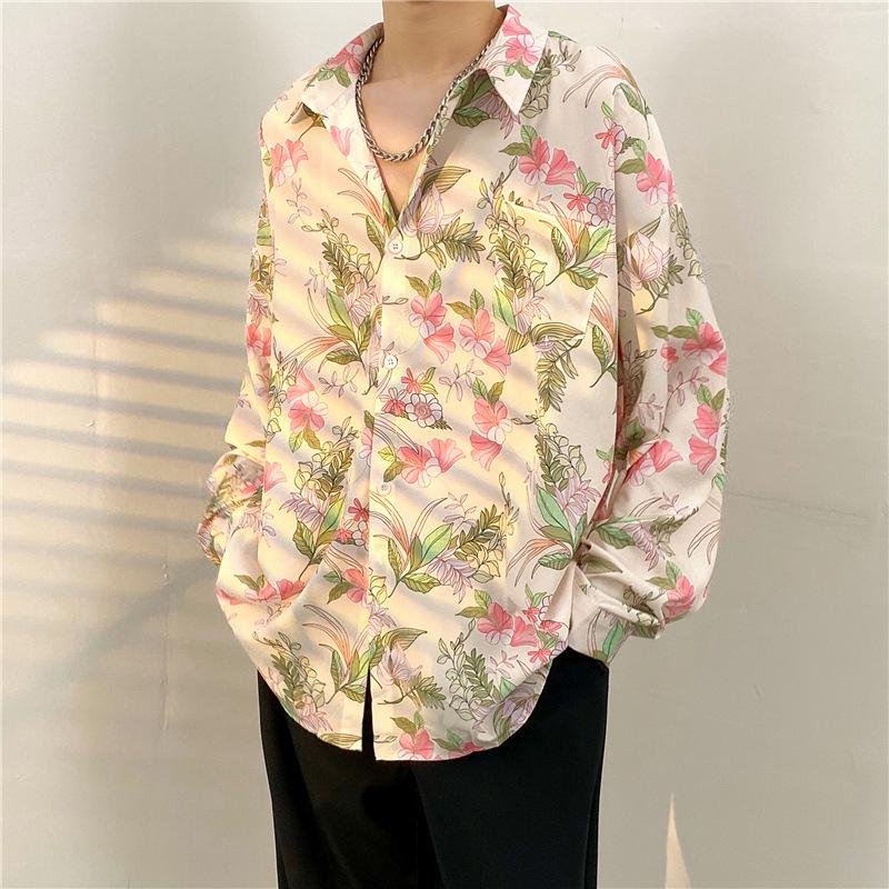 Unisex Thai Vintage Floral Long-Sleeve Shirt, Loose Fit for Street Dance, Spring/Autumn