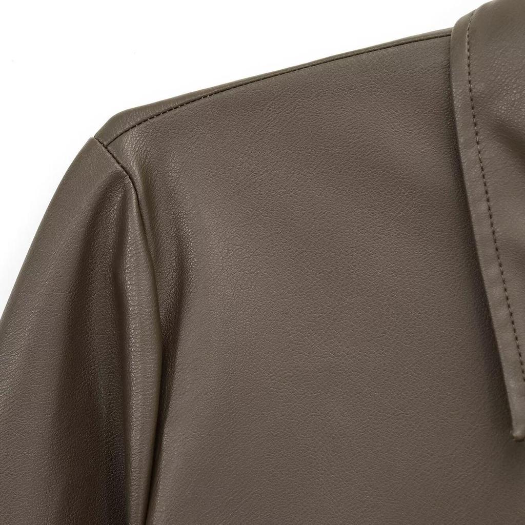 Spring 2025 Women's Slim Fit Faux Leather Belted Long Sleeve Dress