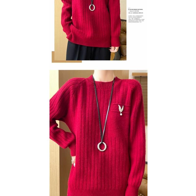 

Осень и Зима Однотонный С круглым вырезом Свободный Модный и Универсальный Базовый Свитер Свитер Топ S красный