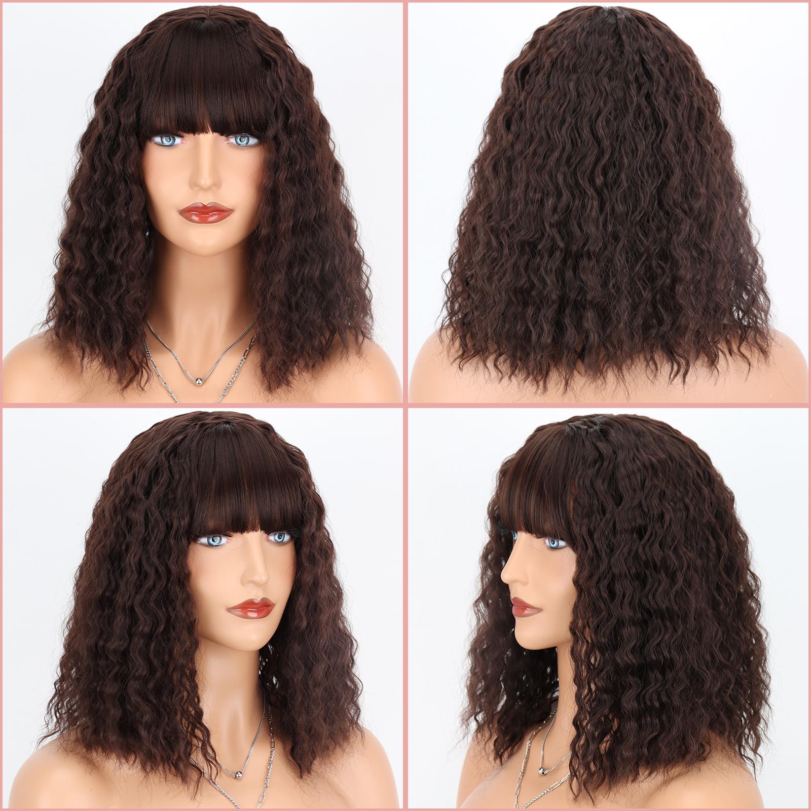 

MERISIHAIR женский короткий глубокий вьющийся парик с аккуратной челкой из синтетического волокна коричневого цвета, парик с глубокими волнами до плеч