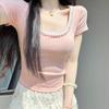Sweet Fashion Versatile Summer New T-Shirts Women Square Collar Solid Lace Patchwork Short Sleeve Korean Casual Skinny Tops