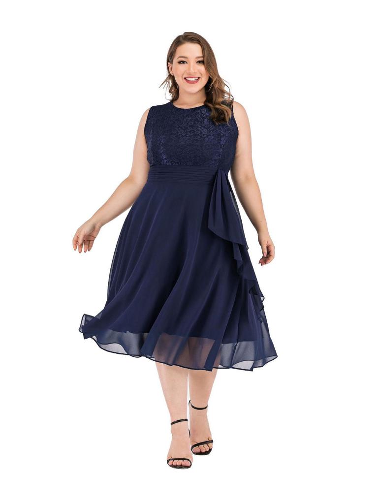 Lace Patchwork Chiffon Slimming Plus Size Little Black Dress for Mature Women