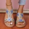 Damen-Flatsandalen mit Blumenmuster und Strasssteinen, offene Zehenpartie, Fersenriemen, Strandschuhe, Bequeme Freizeit-Schuhe für draußen und den täglichen Gebrauch