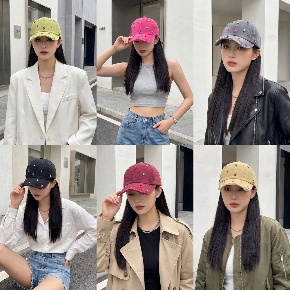 Creative Colorful Rhinestones Baseball Cap Distressed Design Solid Color Full Rhinestone Baseball Hat Duckbill Hat Fashion