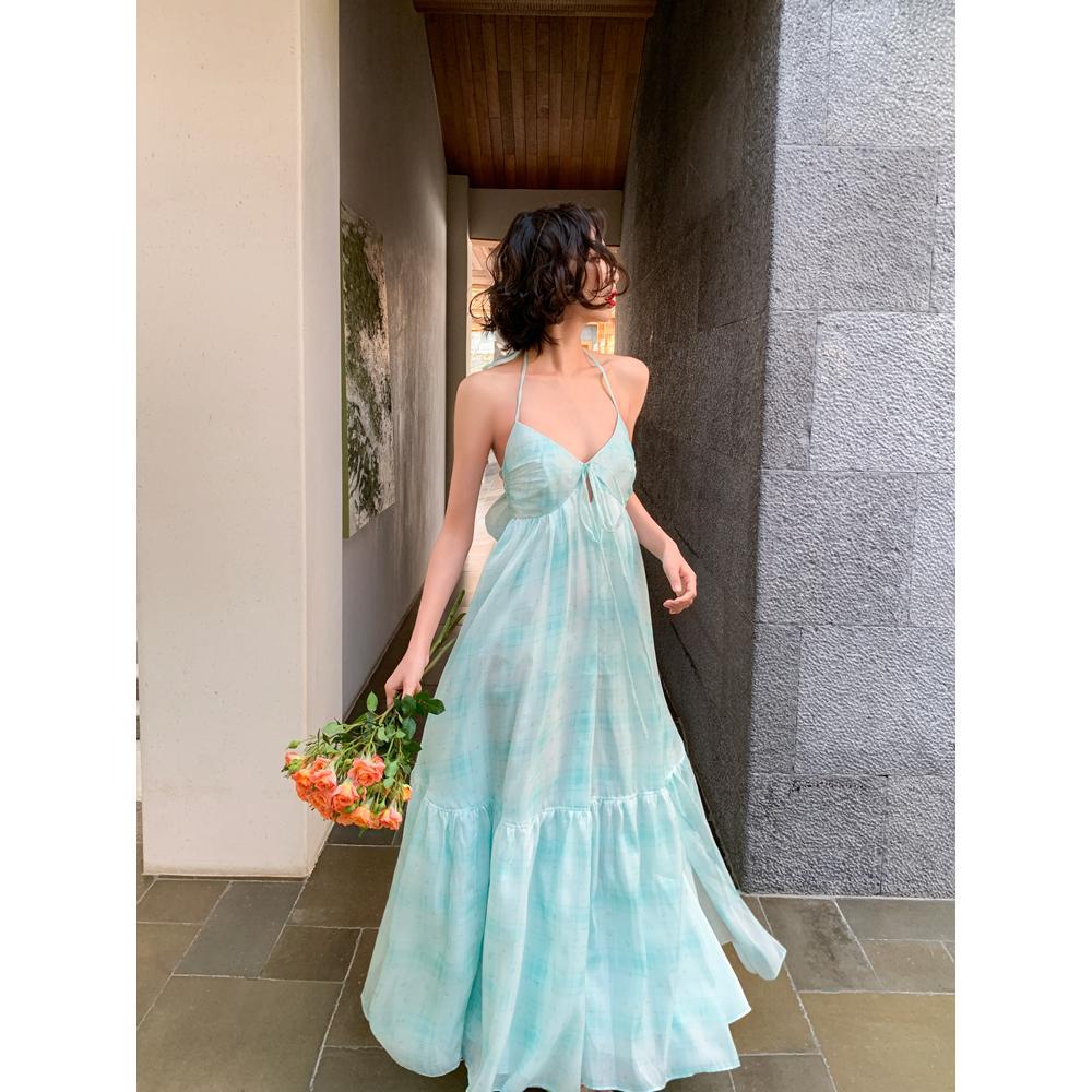 Purple mint green V-neck halter neck camisole dress dopamine resort fairy dress resort dress