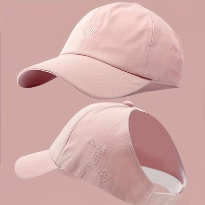 1PC Ladies Adjustable Ponytail Hole Baseball Cap | Heart Embroidered Breathable Sun Hat, Lightweight Knitted Casual Hat | Vacation, Fashion Versatile