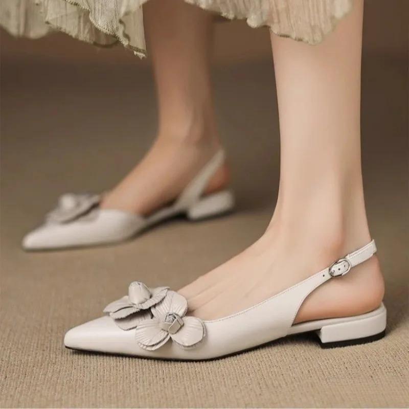 Fashion Women's Flat Sandals Stereoscopic Flower Design Women Shoes Fashion Pointed Shallow Mouth Single Shoes Pu Leather Casual Sandals