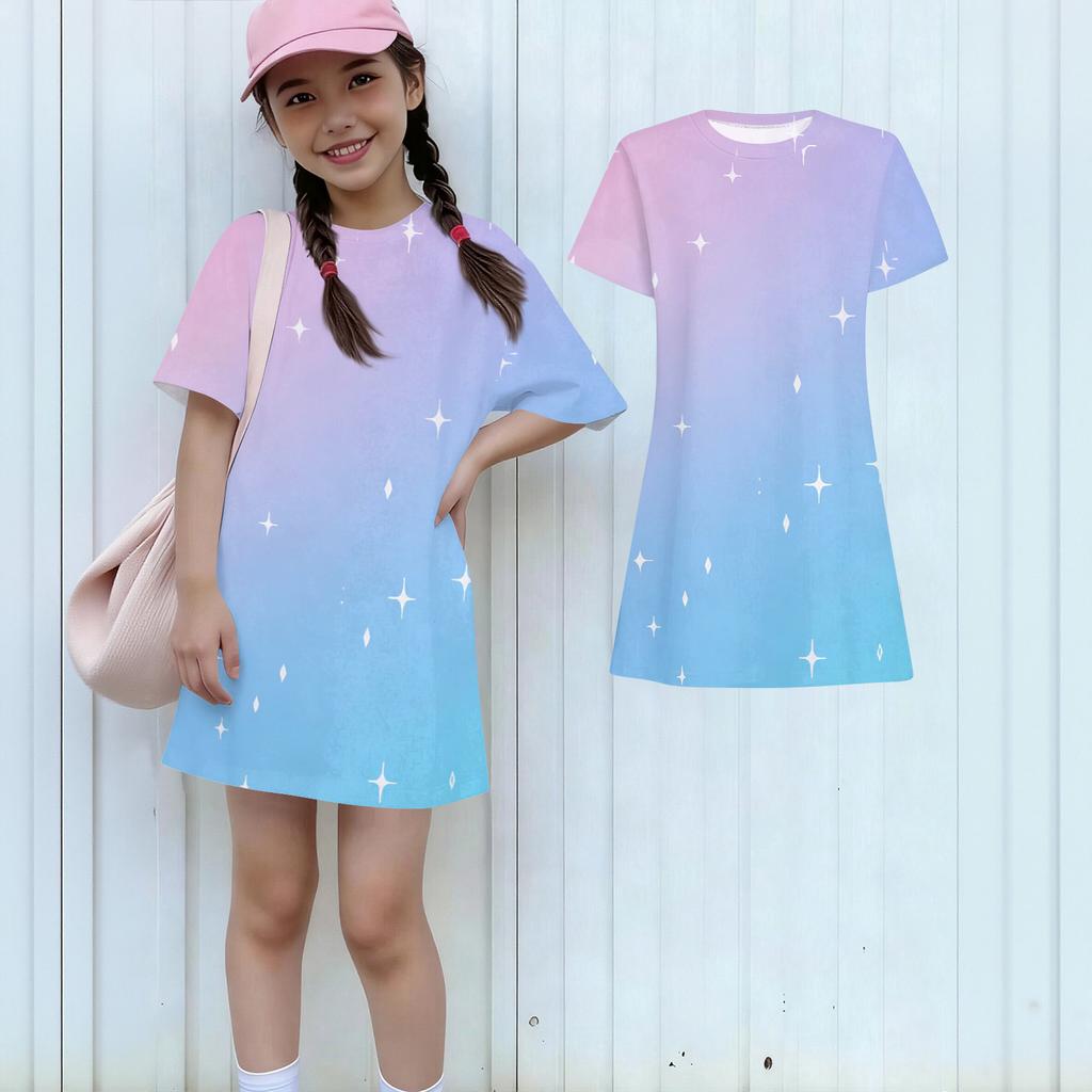 Girls Print Casual Dress Kids Loose Round Neck Short Sleeve Thin Sundress
