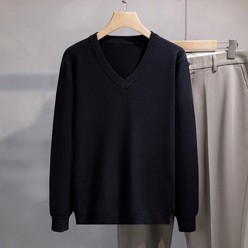 2024 Men s Solid V-neck Knit Pullover - Versatile Casual/Business Long Sleeve XX-Large