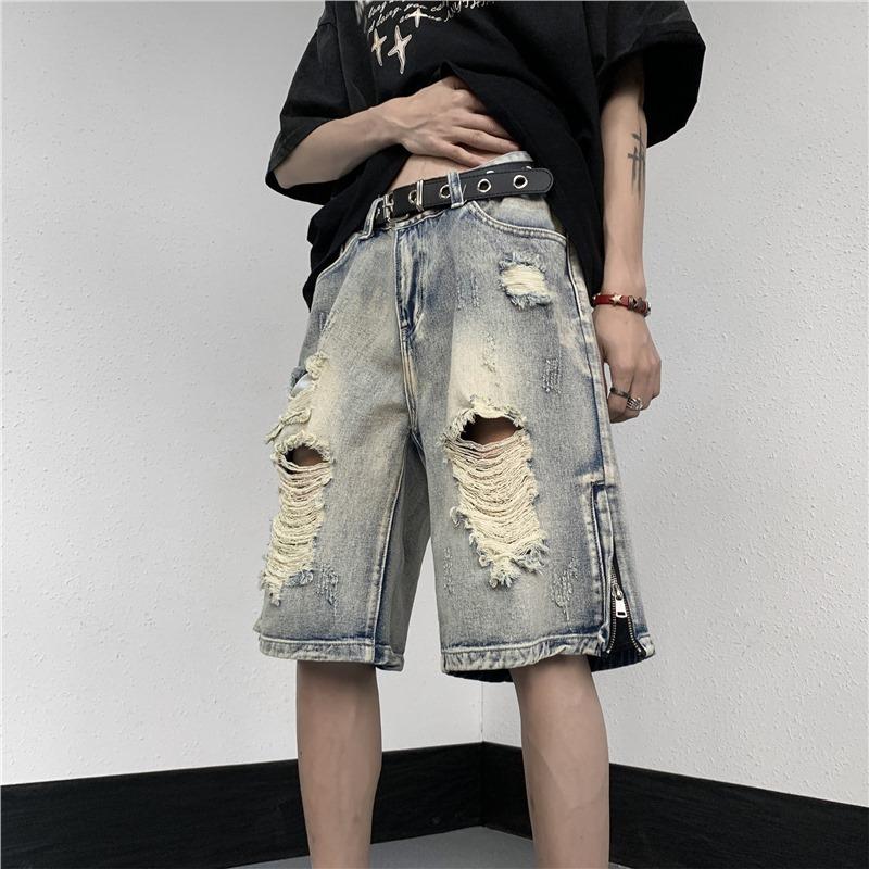 2026 Summer New Vintage Ripped Denim Shorts for Men, Loose Wide-Leg Five-Pocket Pants M