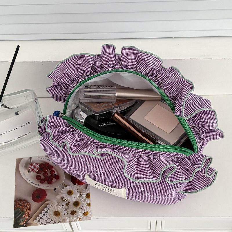 Women's Vintage Gingham Cosmetic Makeup Bag with Ruffled Edges-Large Capacity Organizer, Elegant Ribbon Bow Closure for Daily