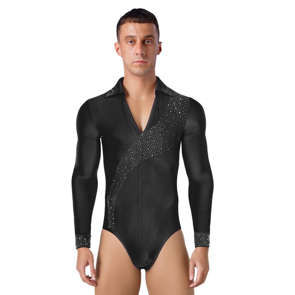 Mens Shiny Rhinestones Latin Dance Leotard Turn Down Collar V Neck Long Sleeve Button Shirt