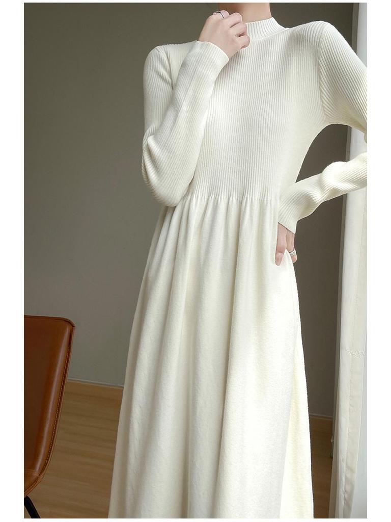 Women's Solid Color Velvet Knit Pullover Mid-Length Dress - Long Sleeve, Half High Neck, Over-the-Knee Style