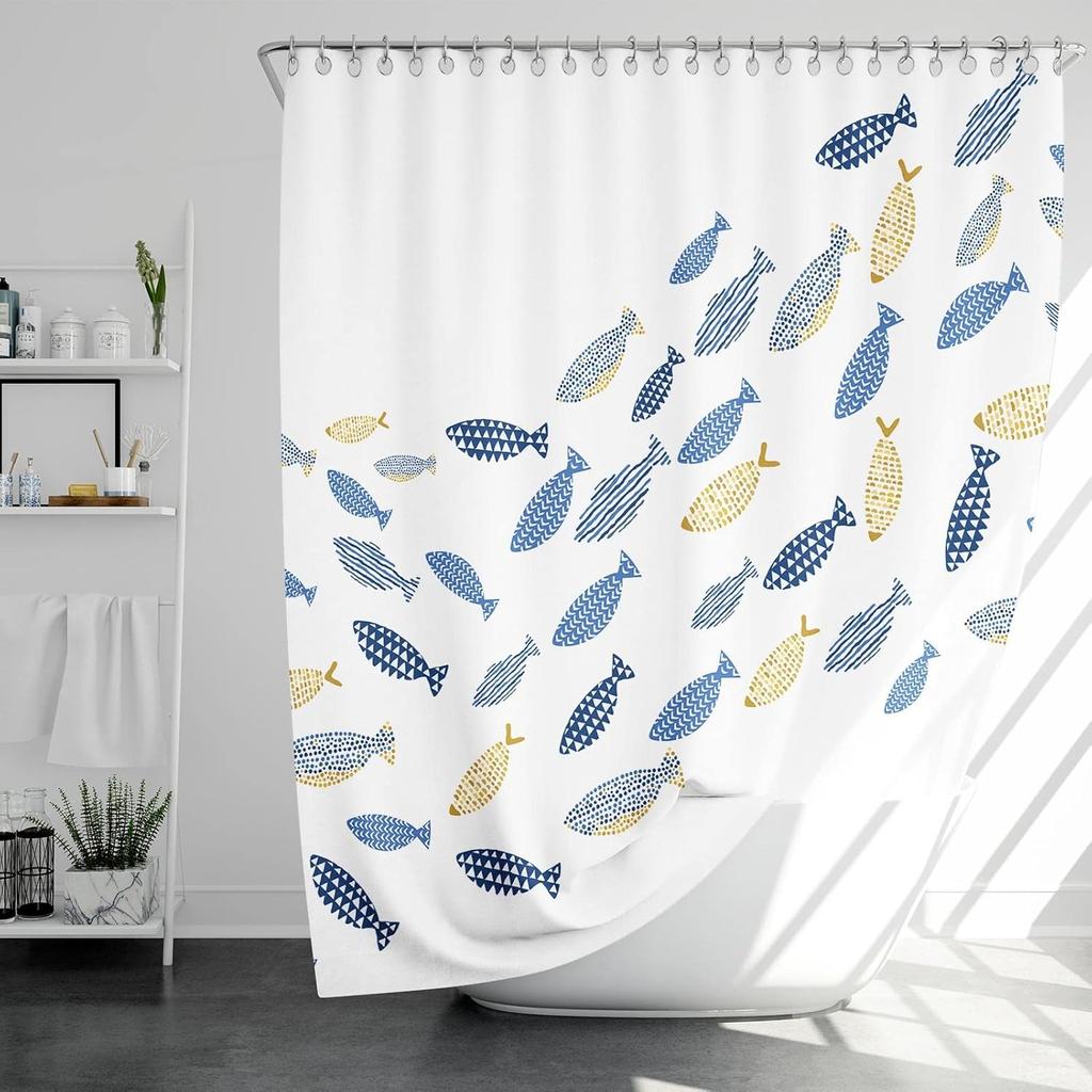 Abstract Swimming Fish Minimalist Shower Curtain Cartoon Ocean Waterproof Fabric Decorative Bathtub With 12 Hooks