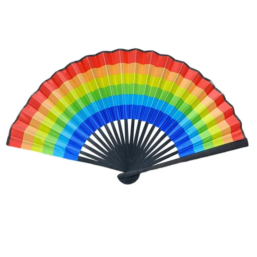 23cm Klassischer Faltfächer Druck Schwarzer Bambusknochen Fächer Handfächer Regenbogen Kühlender Handventilator Festival Performance Tanz Geschenke
