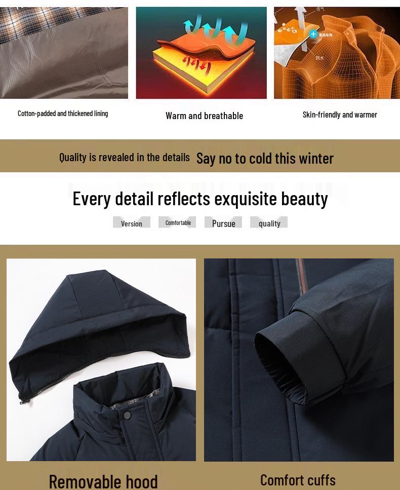 Men's Winter Cotton Jacket with Detachable Hood - Thick, Warm, Solid Color, Zippered Coat