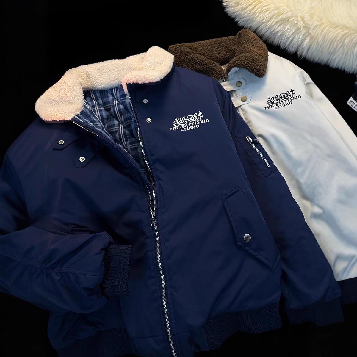 Унисекс двусторонняя бомбер-куртка пэчворк из хлопка и шерсти ягненка с буквенным декором M темно-синий