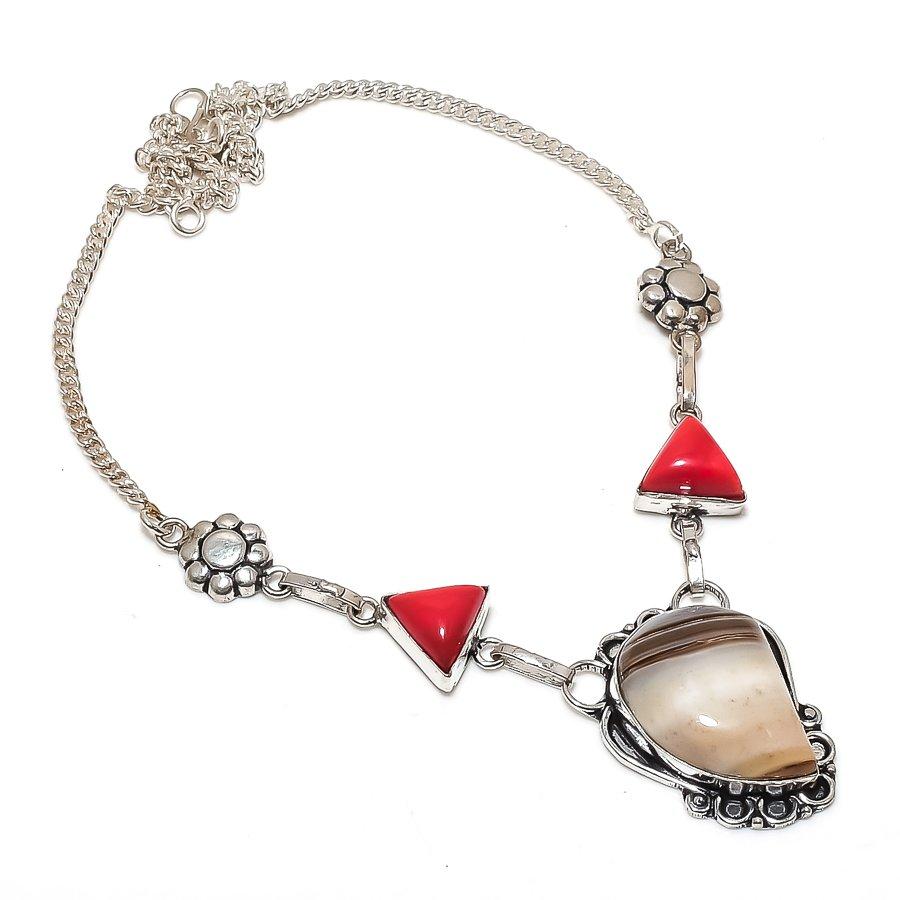 Banded Agate, Coral Gemstone 925 Sterling Silver Jewelry Necklace 18"
