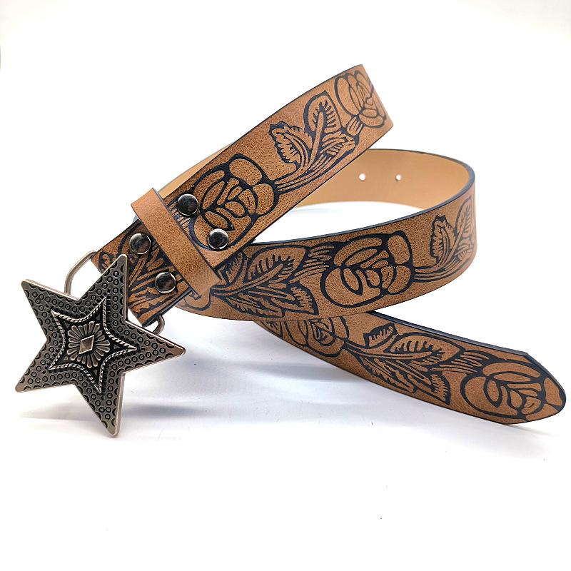 American Retro Western Style Star Embossed Belt Niche Design Spice Girl Vintage Brown Belt