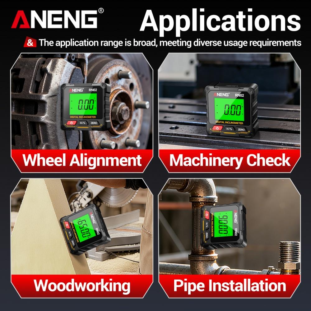 RN02/RN03 Multi-Function Digital Inclinometer Four-Sided Magnetic Charging Angle Gauge Supports 360 Degree Rotation Measurement