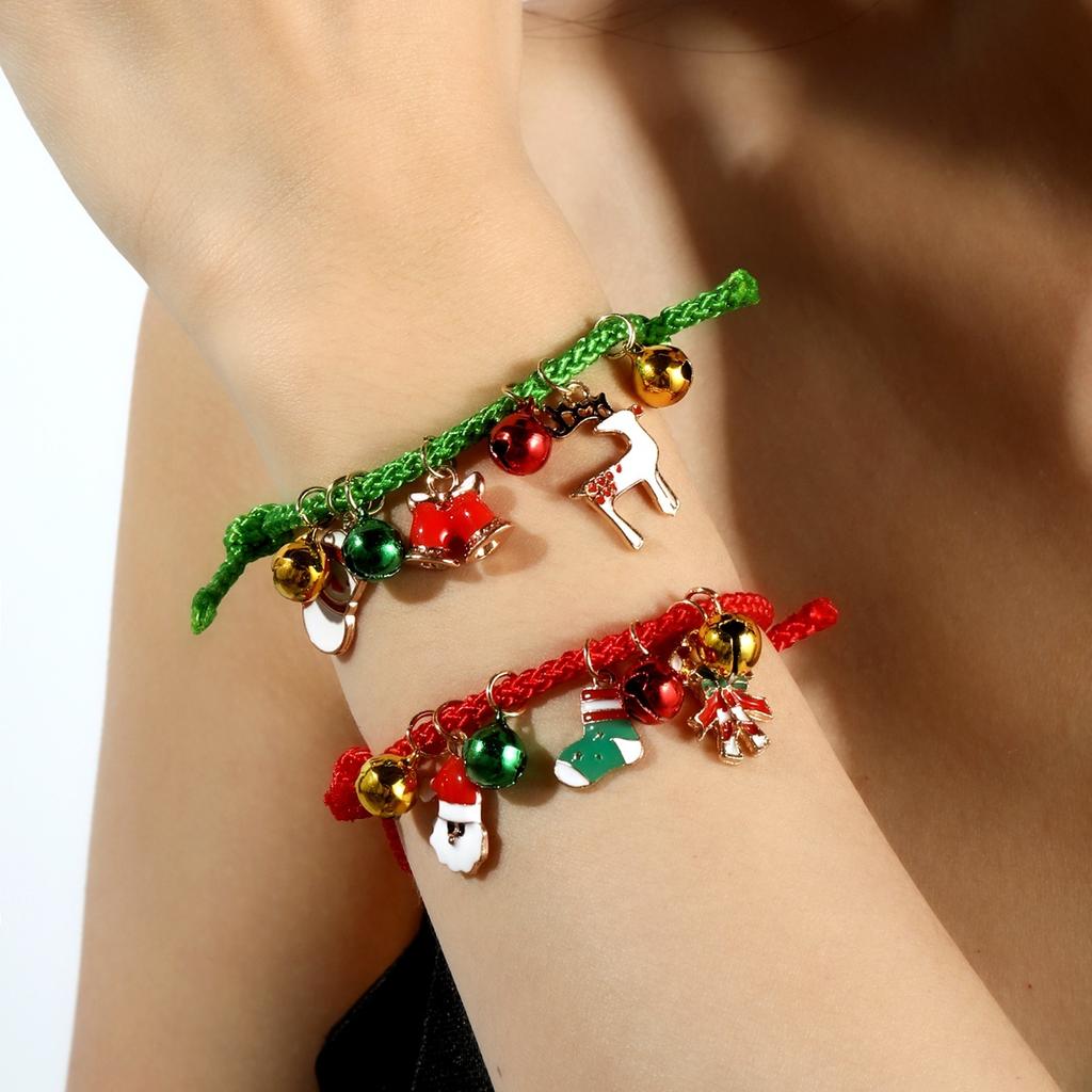 Christmas Elk Bell Couple Bracelet, Cartoon Oil Drip Adjustable Santa Cane Bracelet