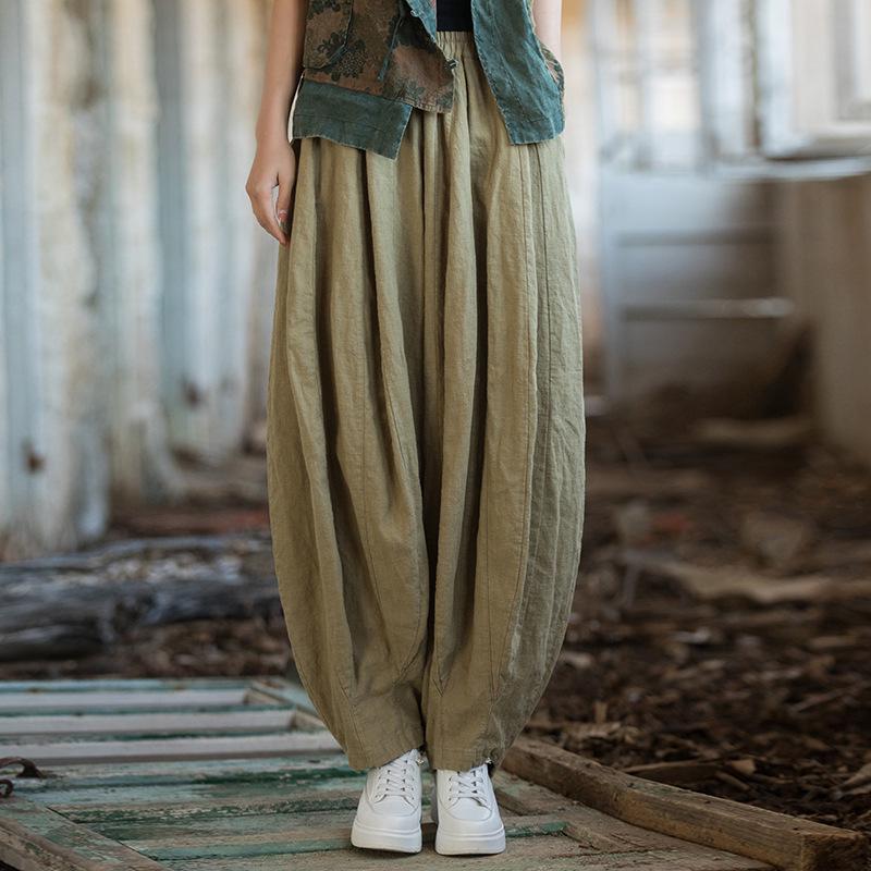 Ramie Cotton Distressed Patchwork Lantern Pants - Women's Spring/Summer Pumpkin Long Pants