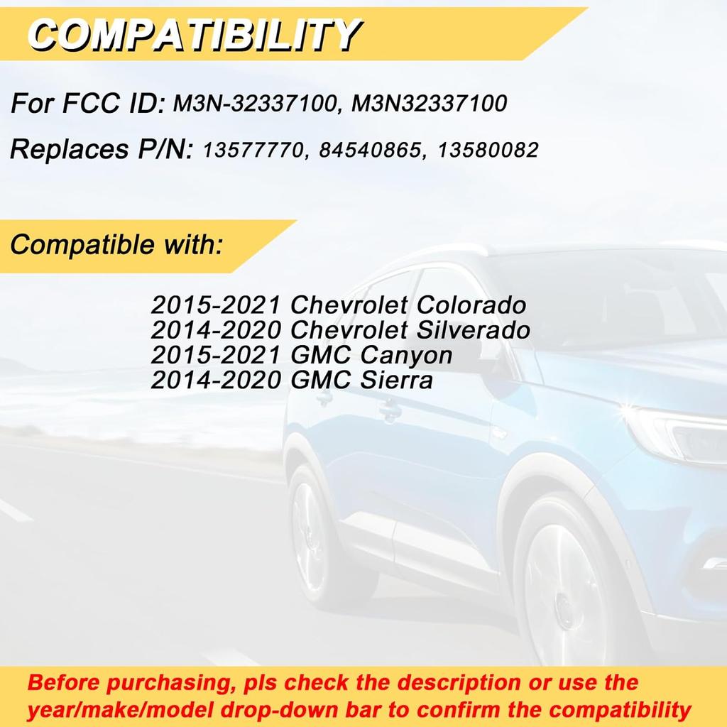 Key Fob Replacement For 2014- Chevrolet Silverado & GMC Sierra/ 15-21 Chevy Colorado &GMC Canyon Car Keyless Entry Remote Control, M3N-32337100, 4